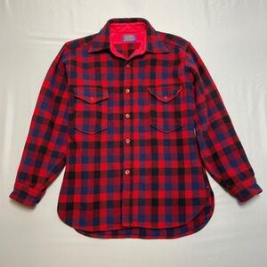 Vtg 70s Pendleton Wool Shirt L Red‎ Navy Buffalo Plaid Lumberjack Trail USA